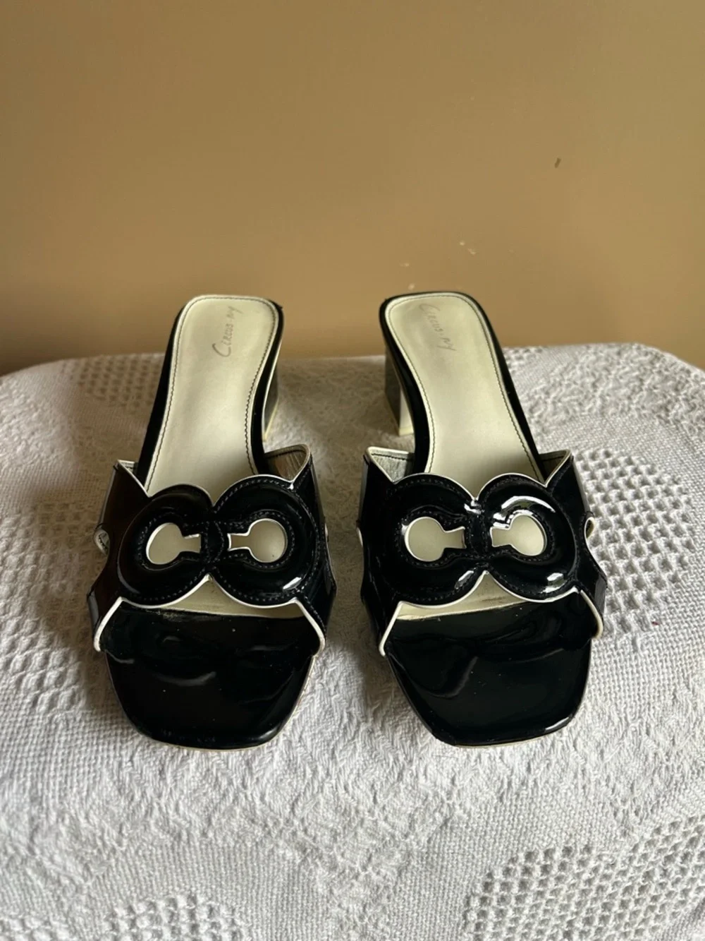 Black Patent Slide Mules with Ivory Accent Heel - Picture 7 of 11